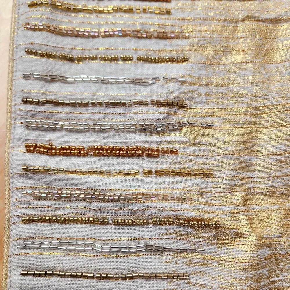 Holiday Tablecloth and Beaded Table Runner Set Gold & Cream Festive Cross Hatch